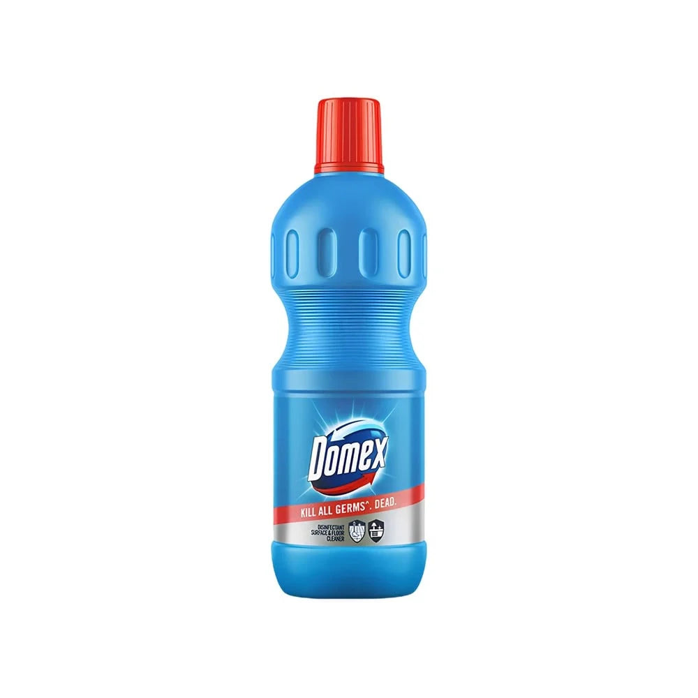 Blue Domex bottle with red cap on a white background