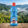 Domex bottle with a scenic mountain background