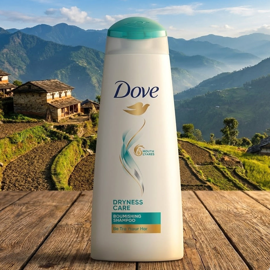 Dove dryness care shampoo bottle on a wooden surface with a mountainous landscape in the background