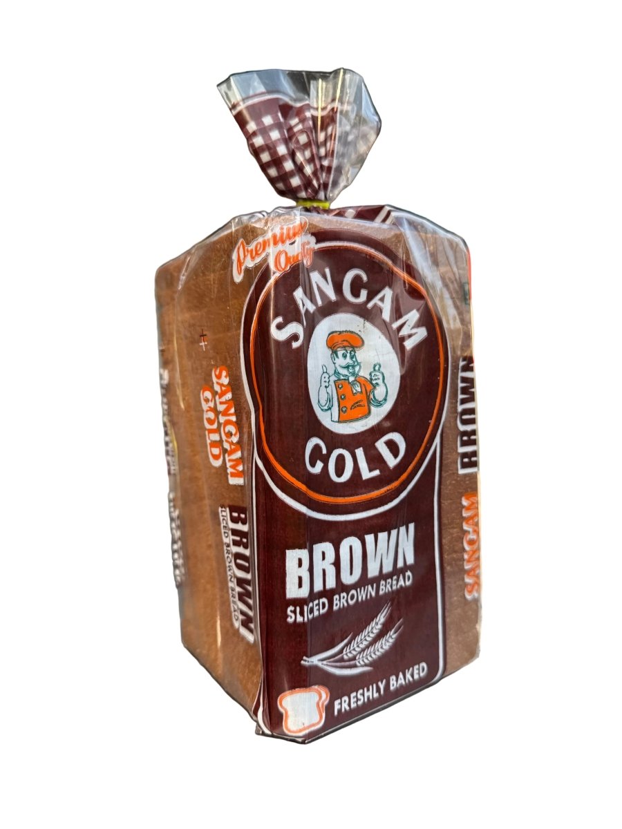 Packaged brown bread with 'Sangam' branding on a blurred background