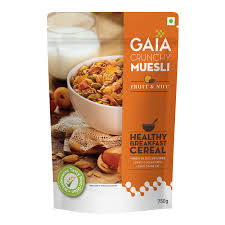 Gaia Muesli packaging with a bowl of muesli and fruit & nut ingredients on a white background