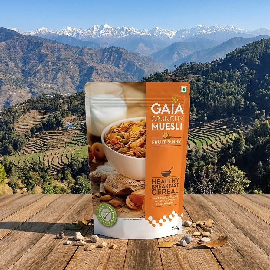 Gaia Crunchy Muesli package on a wooden surface with a mountainous landscape in the background