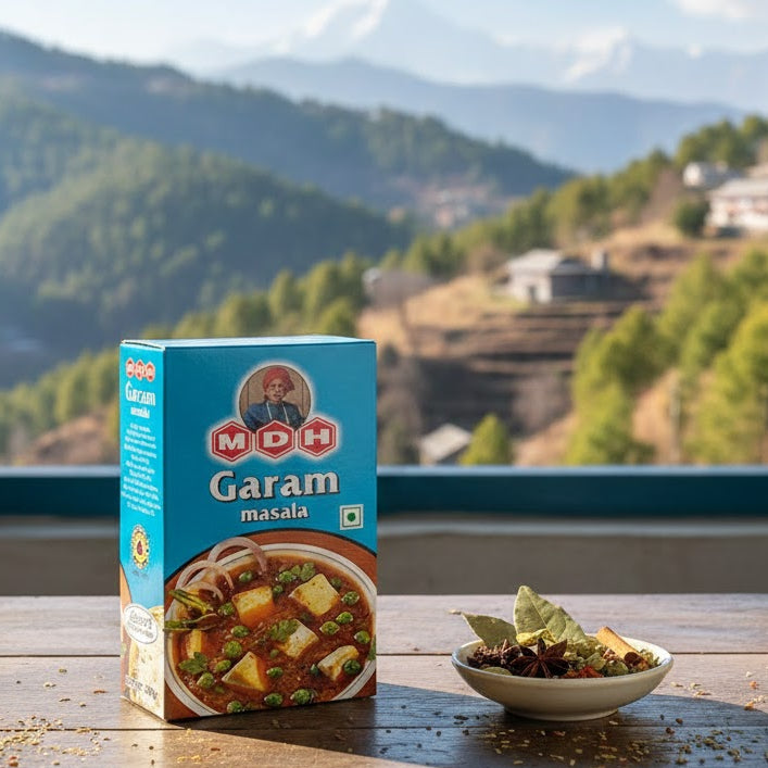 Box of MDH Garam masala on a table with a scenic view through an open window.