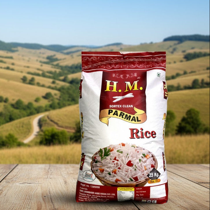 Bag of H.M. Farmal Rice on a wooden surface with a scenic background