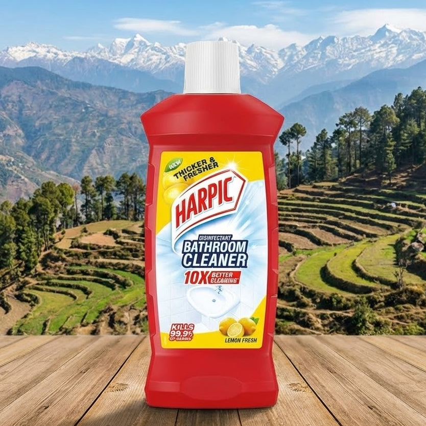Harpic bathroom cleaner bottle with a scenic mountain background