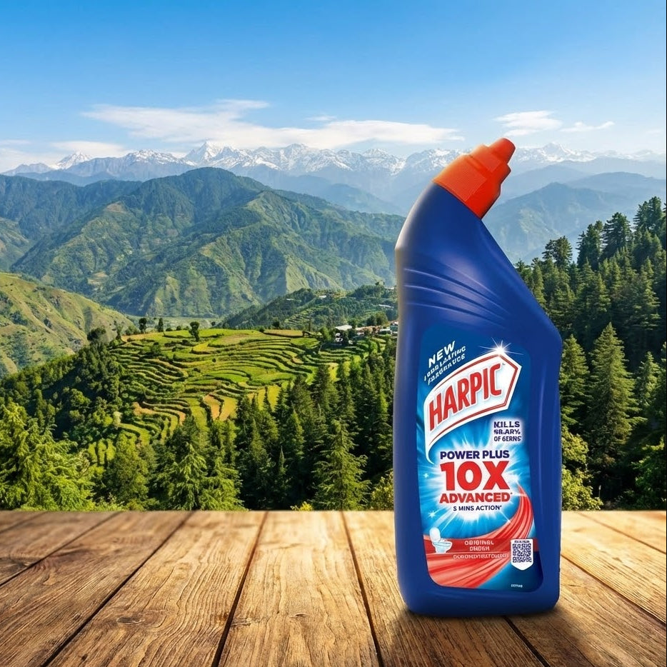 Harpic cleaning product bottle with a scenic mountain background