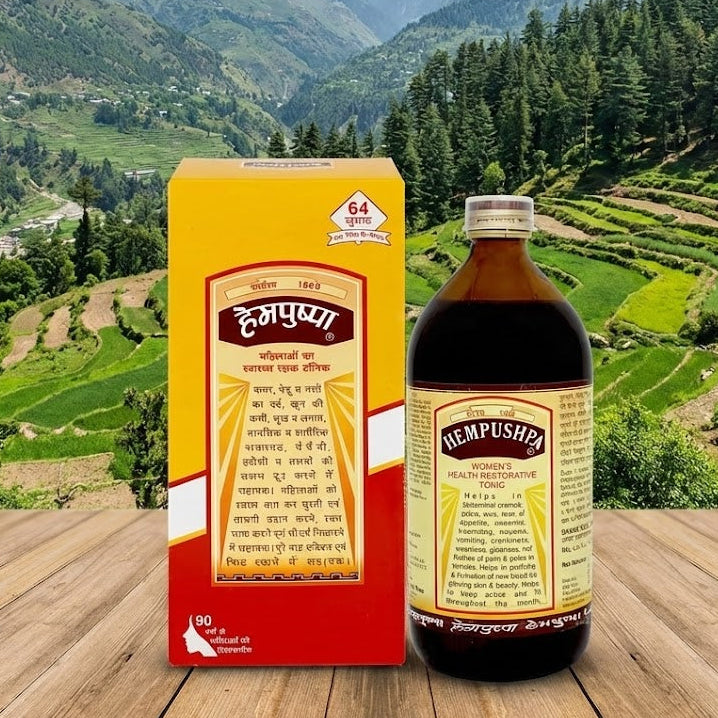 Hempushpa bottle and box with a scenic mountain background