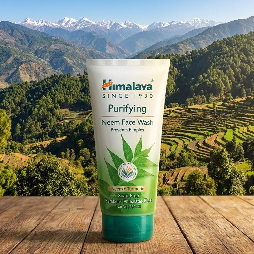 Himalaya Purifying Neem Face Wash tube with a mountainous landscape in the background