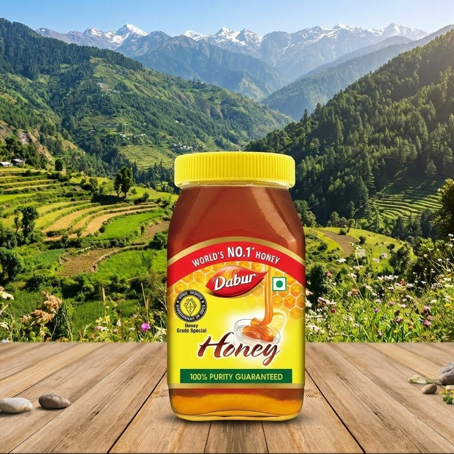 Dabur honey jar with a mountainous landscape in the background