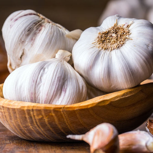 Garlic bulbs in a wooden bowl on a wooden surface