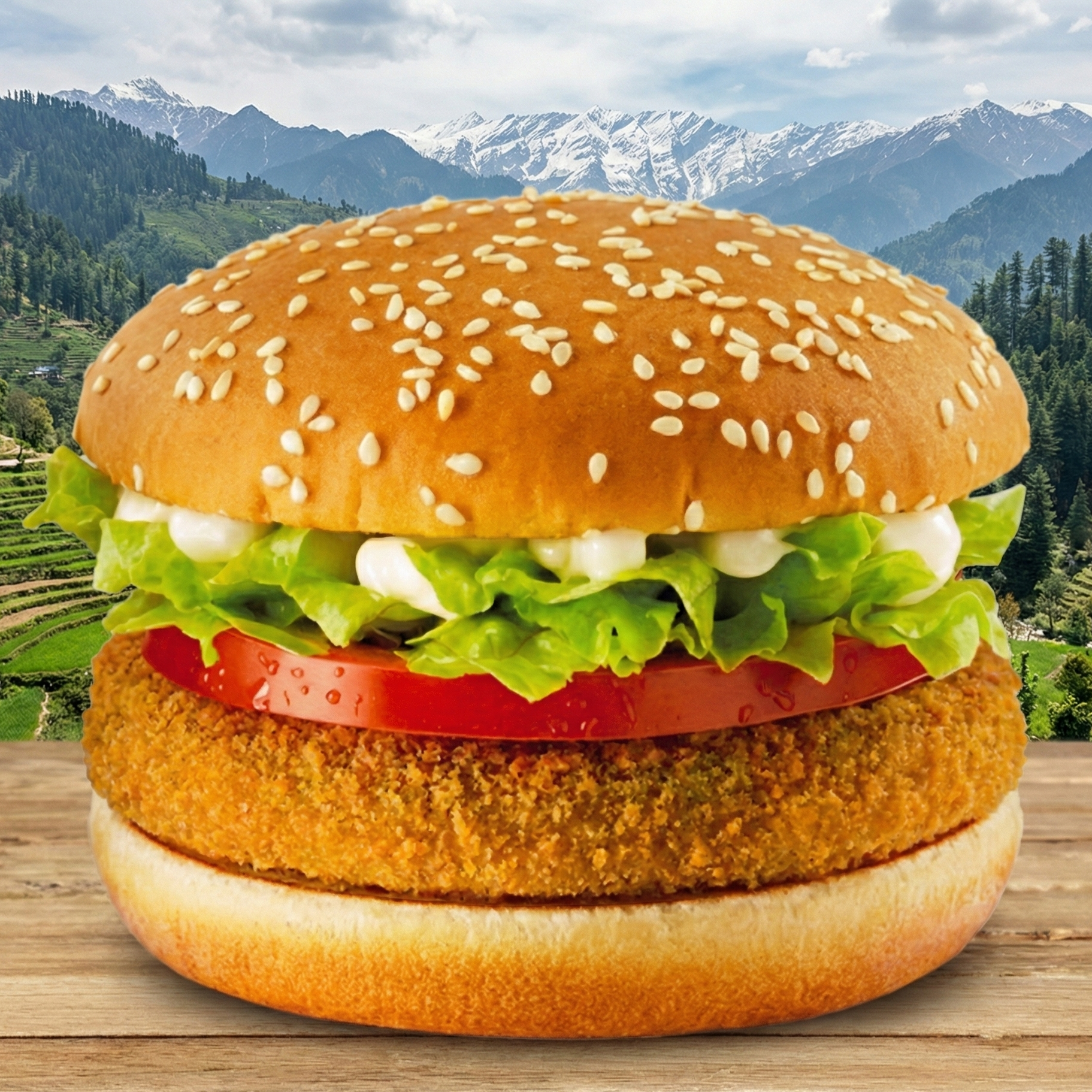 Hamburger with a mountainous landscape in the background