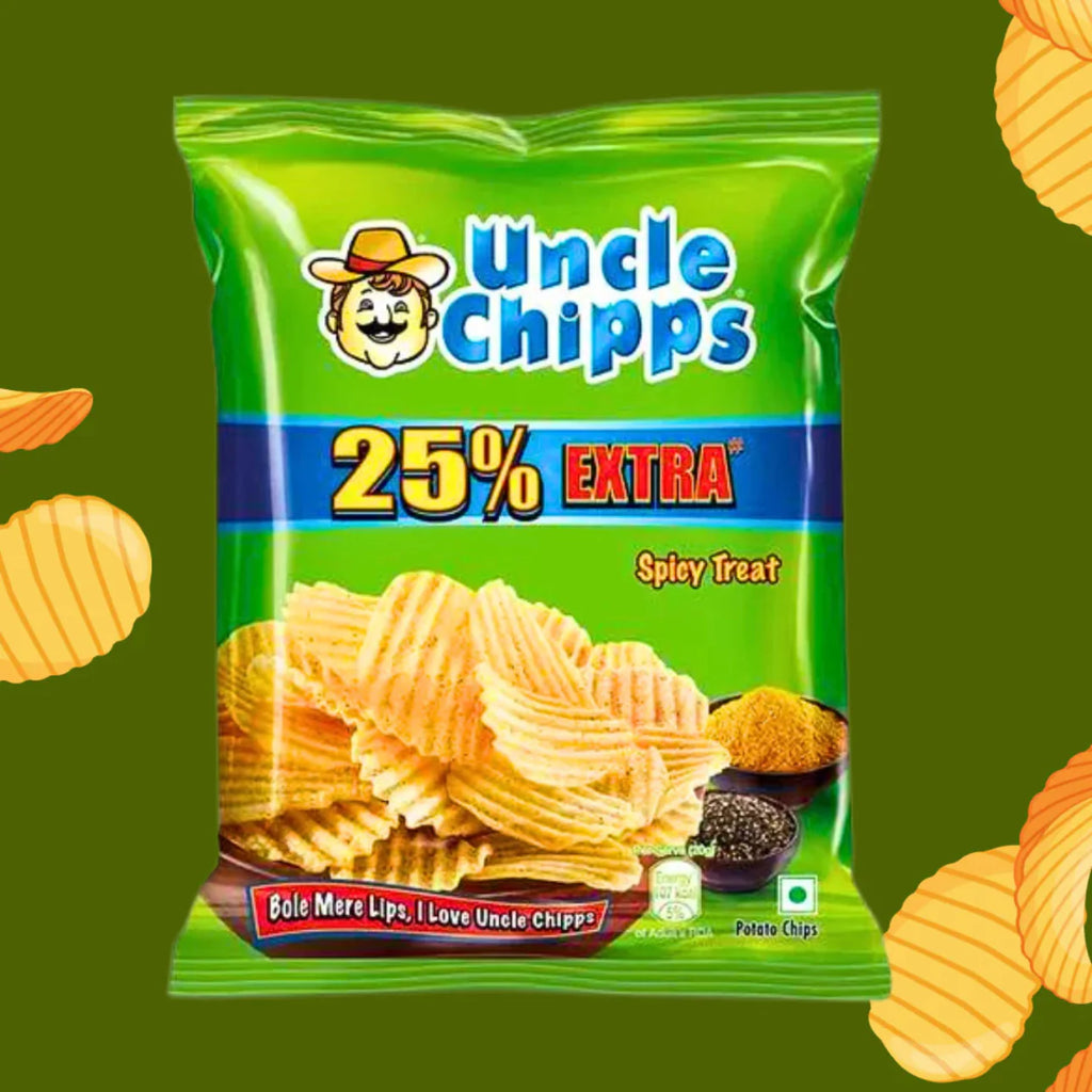Green package of Uncle Chipps spicy treat chips with additional chips on a green background