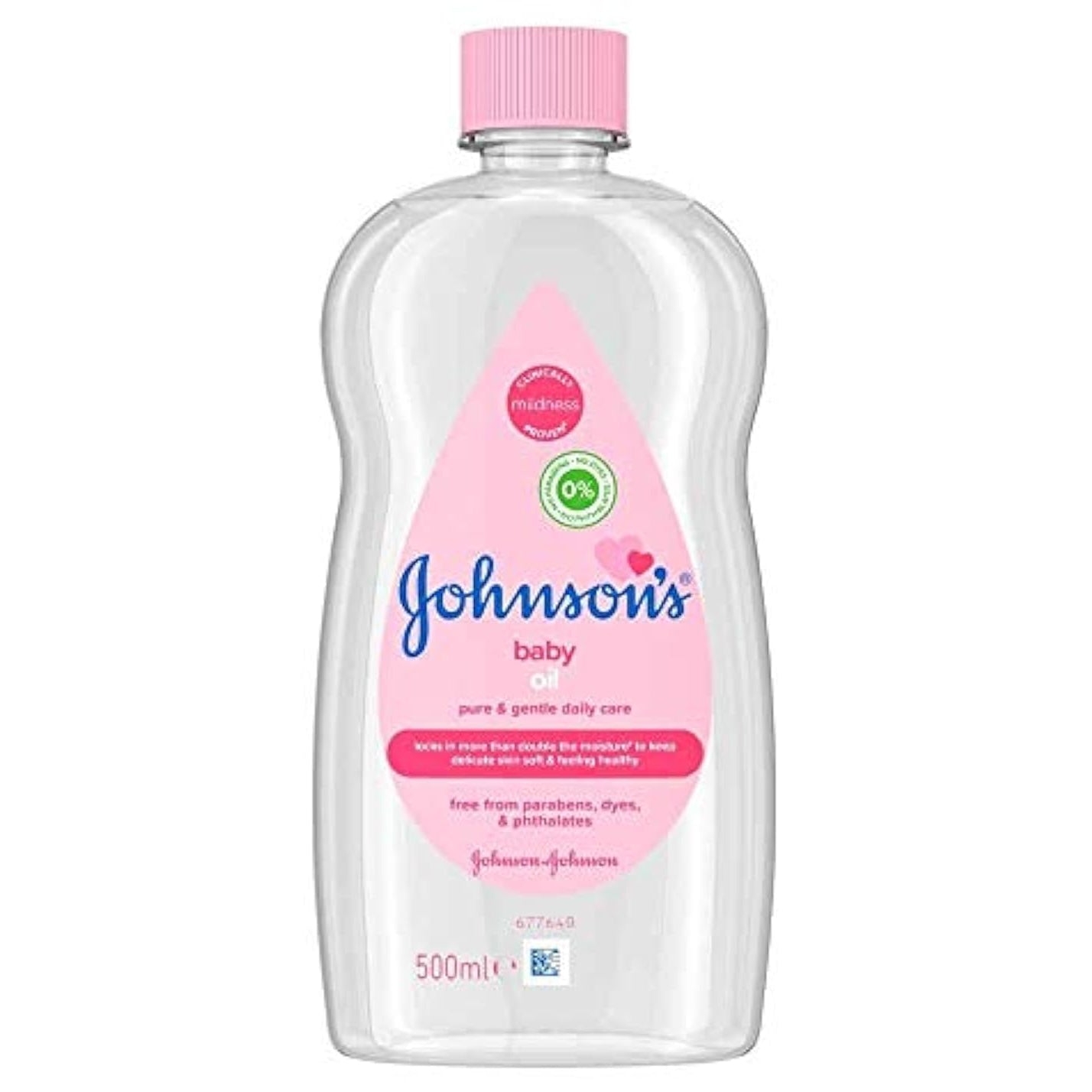 Johnson's baby oil bottle with pink cap on a white background