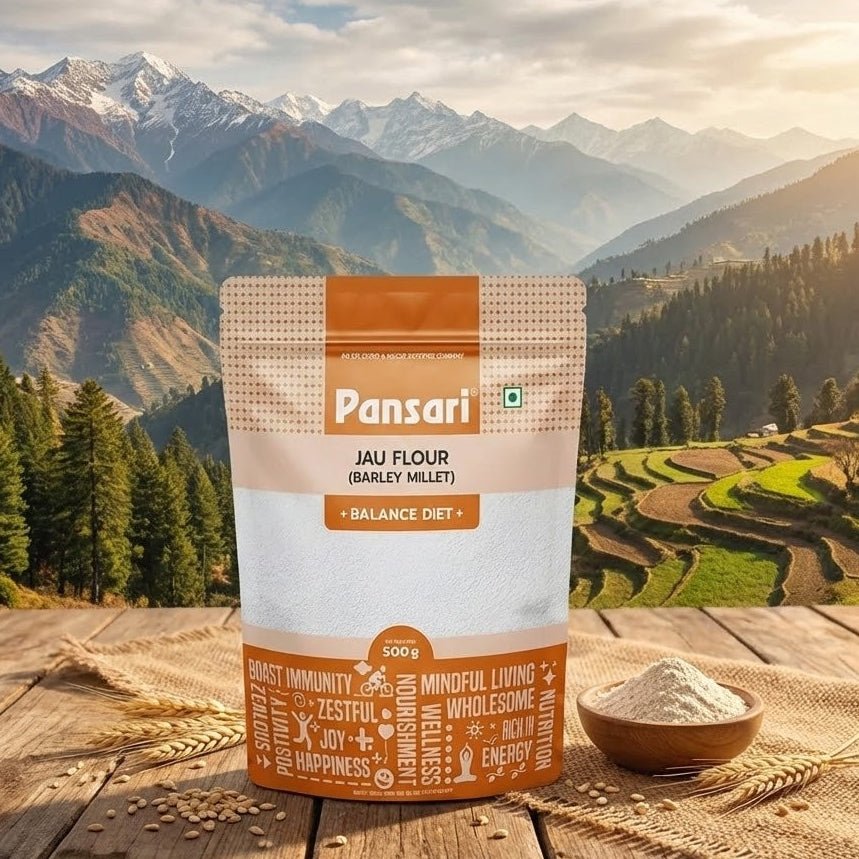Pansari Jau Flour package with a scenic mountain background