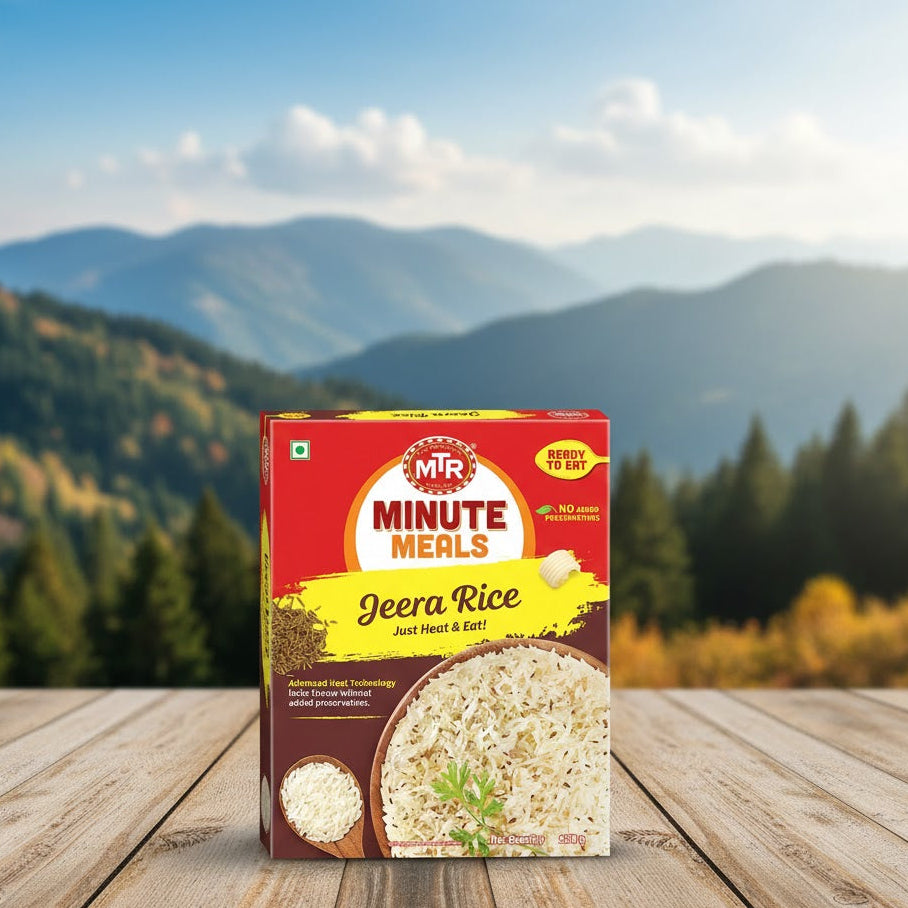 MR Minute Meals Jeera Rice package on a wooden surface with a mountainous landscape in the background