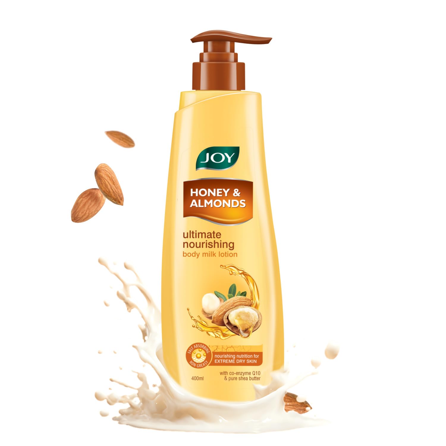 JOY Honey & Almonds body milk lotion bottle with almonds and milk splash on a white background