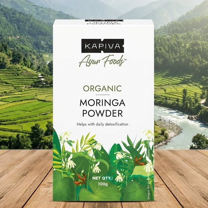 Kafiva Organic Moringa Powder package with a scenic mountain background