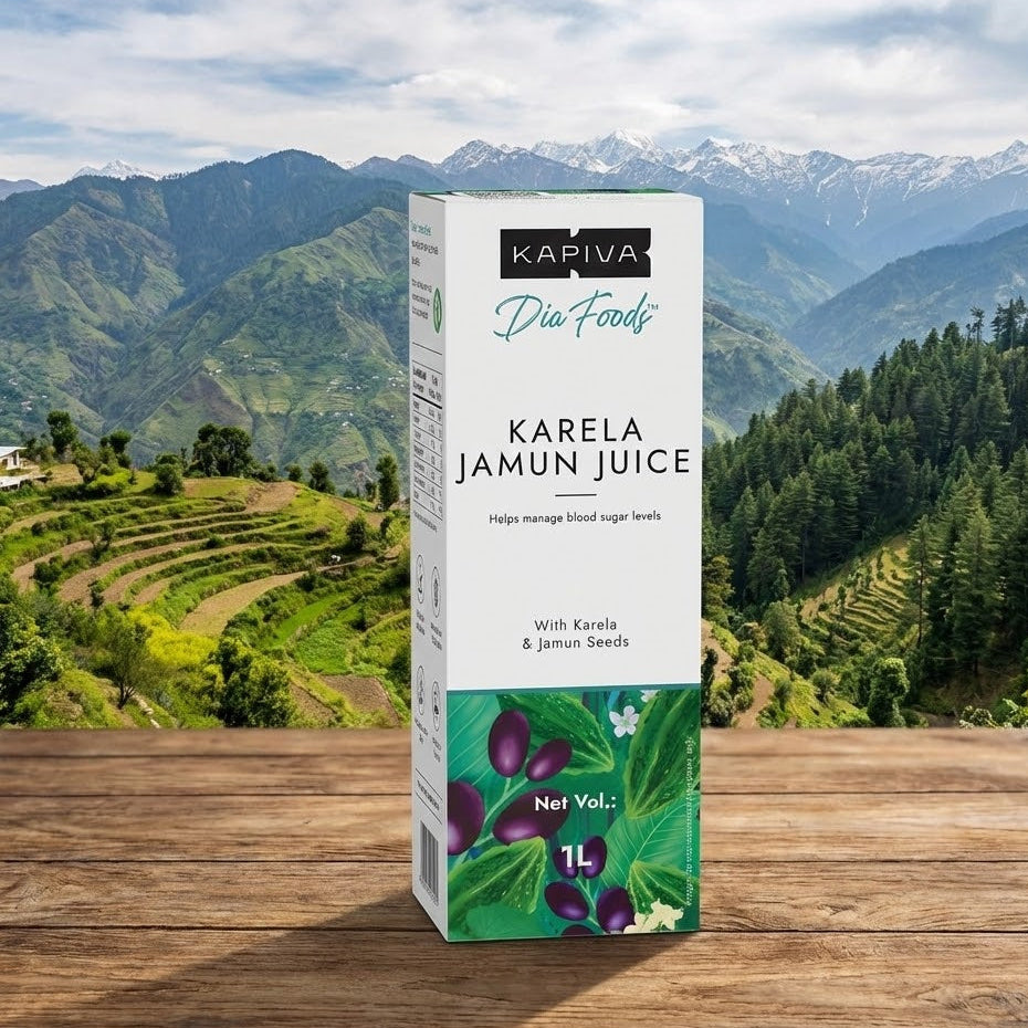 Kapiva Karela Jamun Juice box with a scenic mountain background