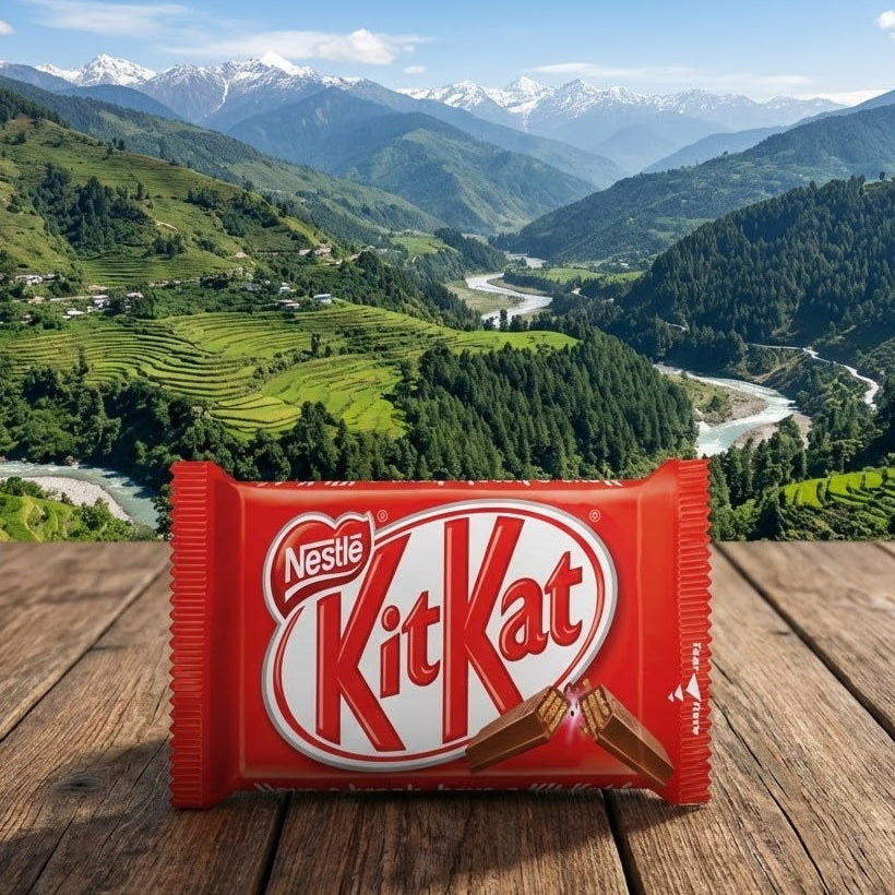 Kit Kat bar with Nestle logo against a scenic mountain backdrop