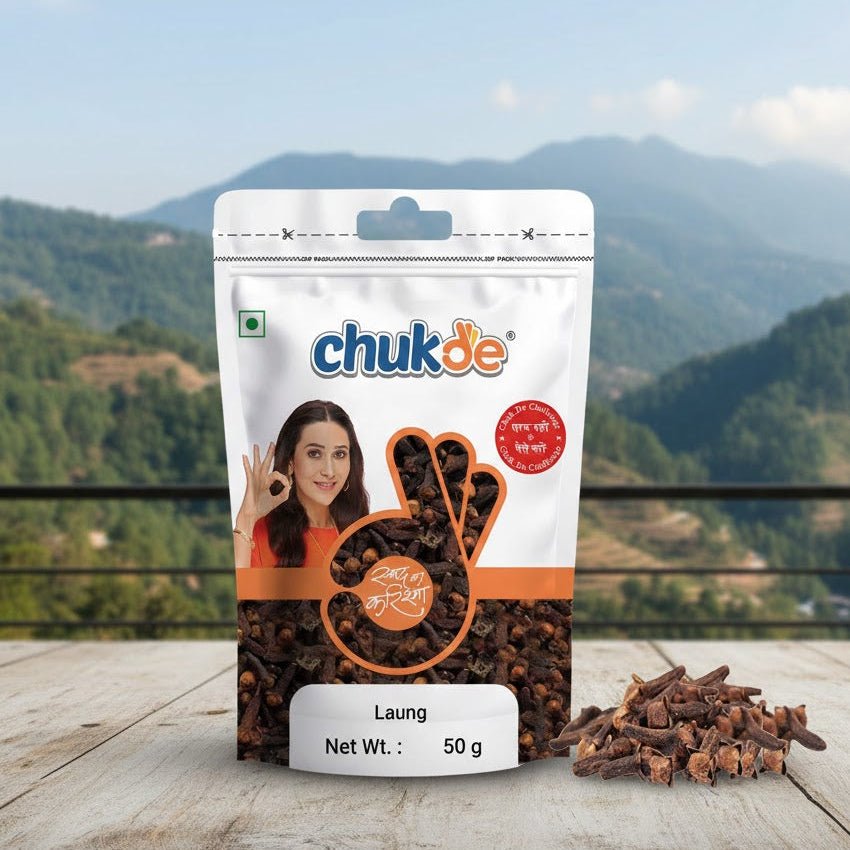 Packaged Laung with chukde branding on a wooden surface with a mountainous background