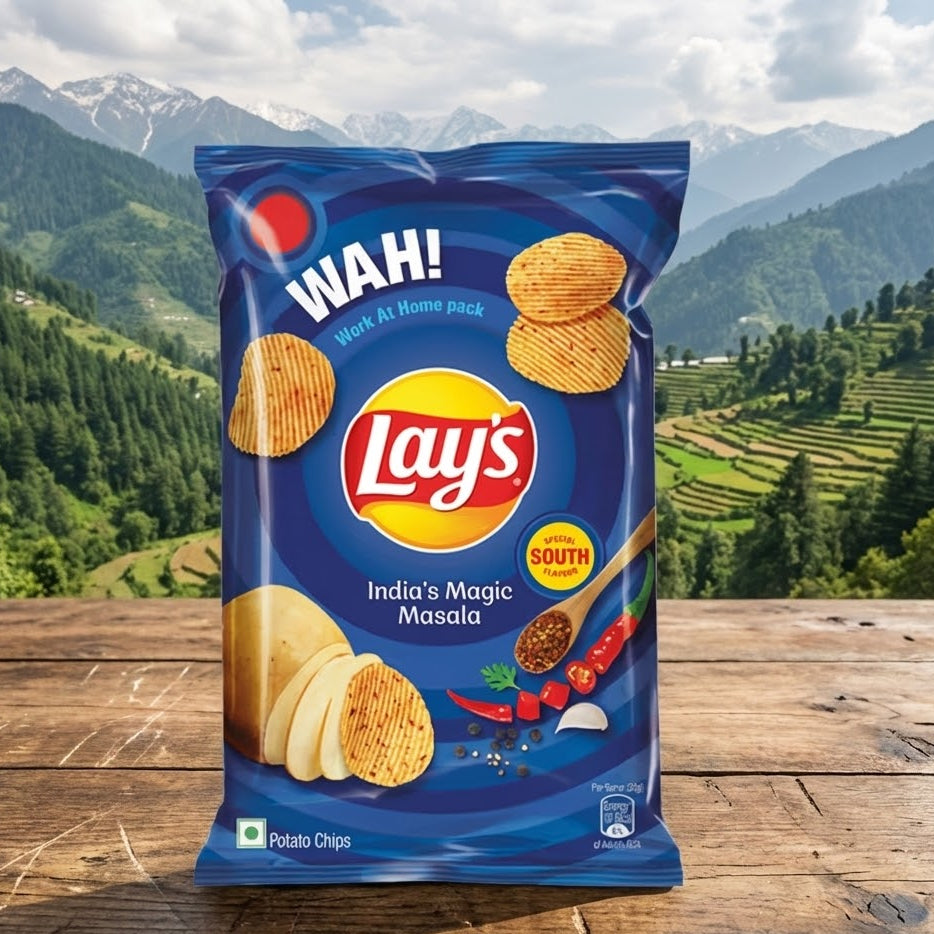 Lay's potato chips packet with a mountainous landscape in the background