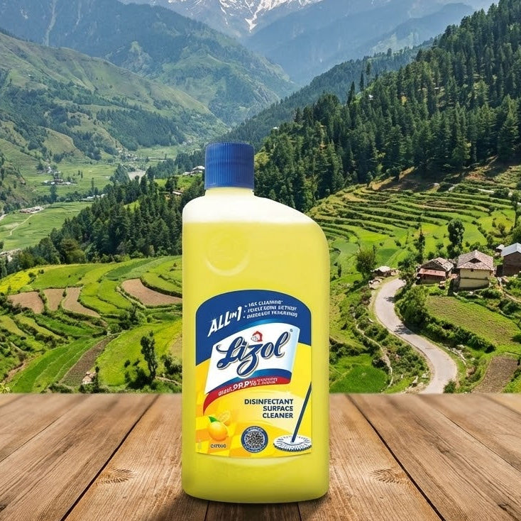 Lizol disinfectant surface cleaner bottle on a wooden surface with a mountainous landscape in the background
