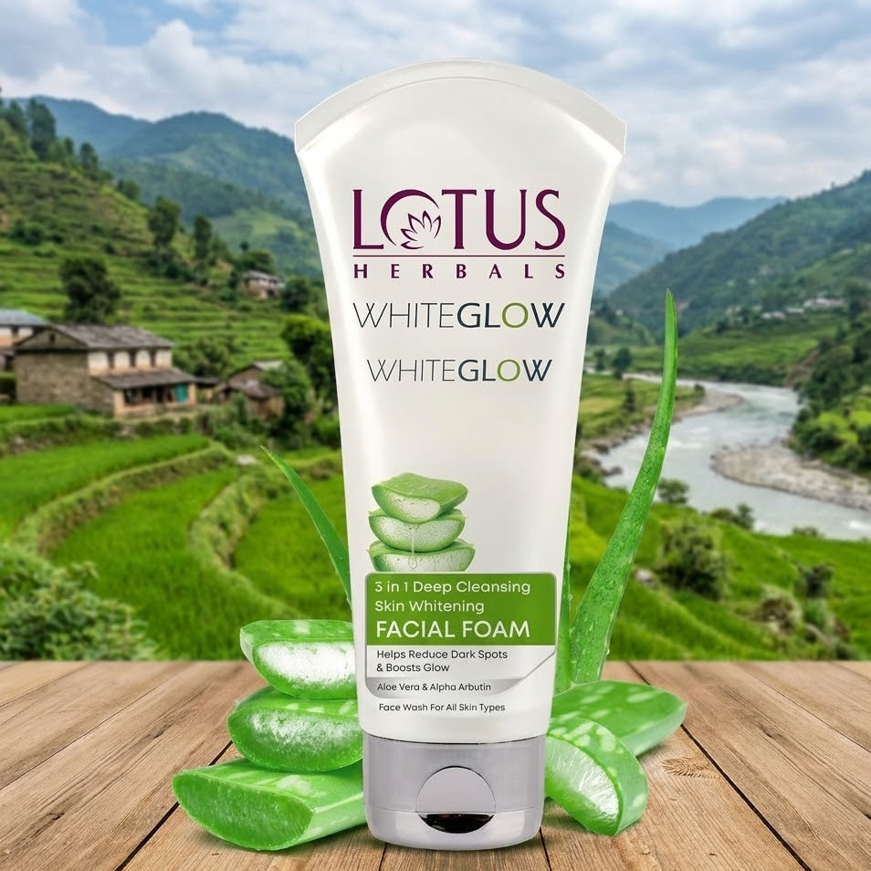 Tube of Lotus Herbals WhiteGlow Facial Foam with a scenic background