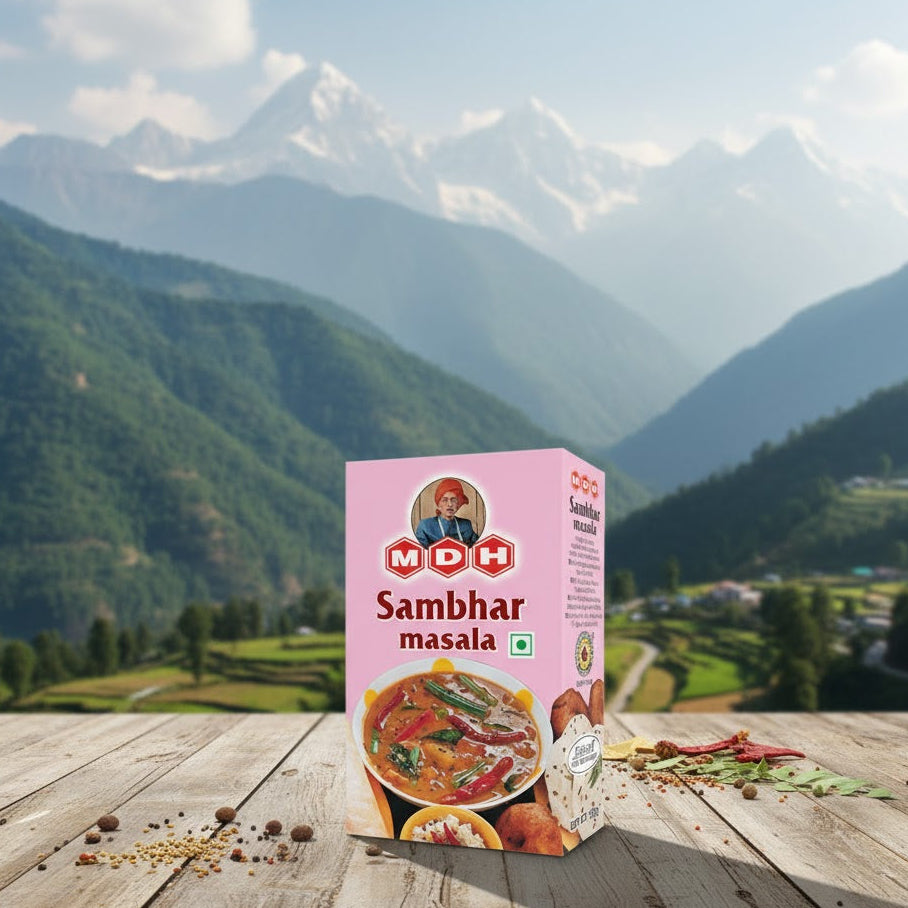 Box of MDH Sambhar masala on a wooden surface with a mountainous landscape in the background