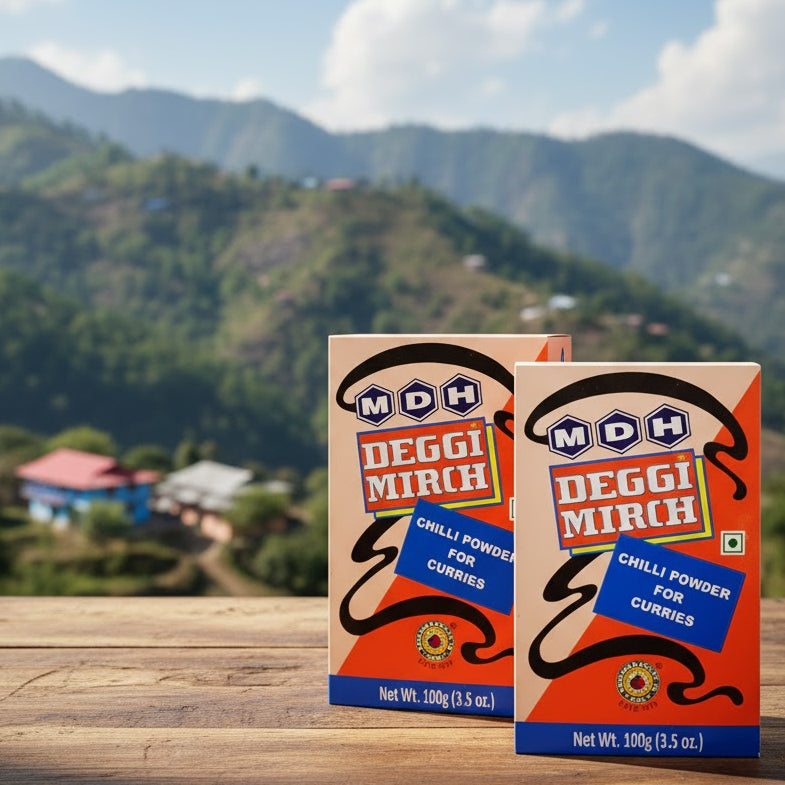 Two boxes of MDH Deggi Mirch chili powder on a wooden surface with a mountainous landscape in the background.