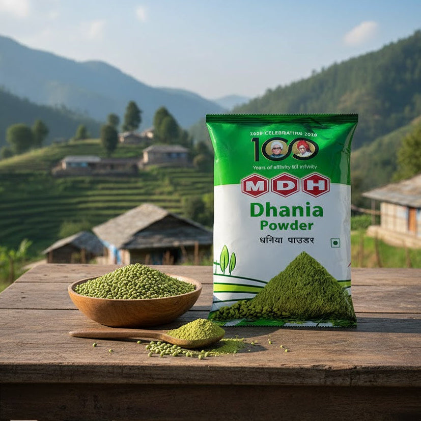 Bag of MDH Dhania Powder with a bowl and spoon on a wooden table with a scenic background