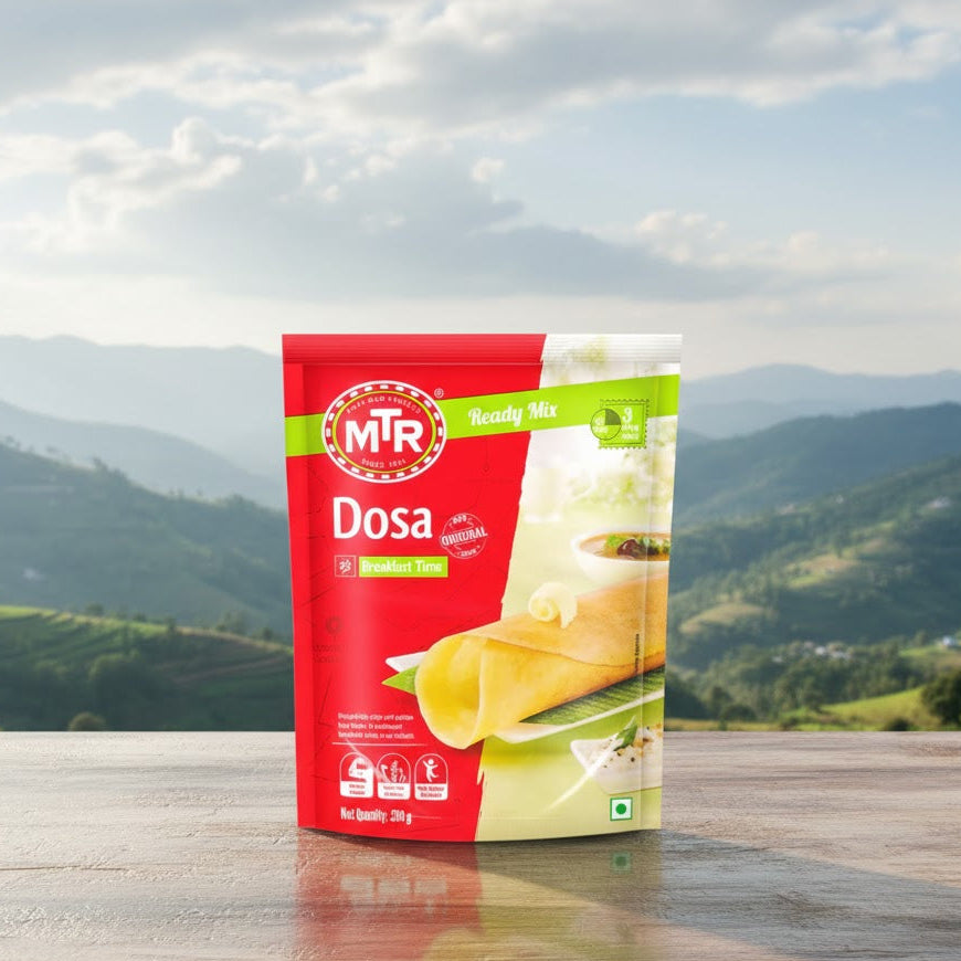 MTR Dosa package on a wooden surface with a mountainous landscape in the background