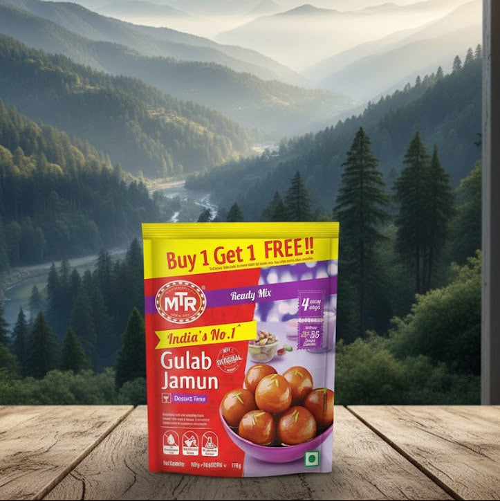 MTR Gulab Jamun packet with a scenic mountain view in the background