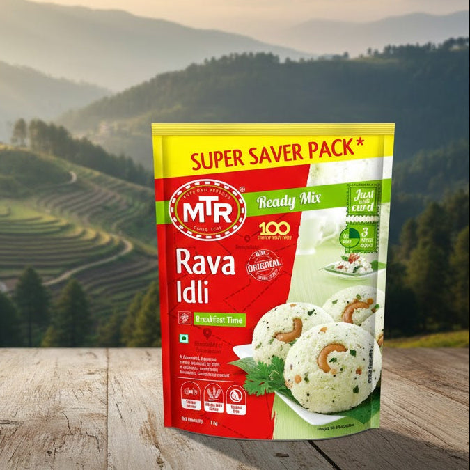 MTR Rava Idli Ready Mix package on a wooden surface with a scenic mountain background