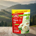MTR Rava Idli Ready Mix package on a wooden surface with a scenic mountain background