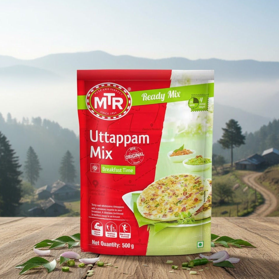 MTR Uttappam Mix package with a scenic background