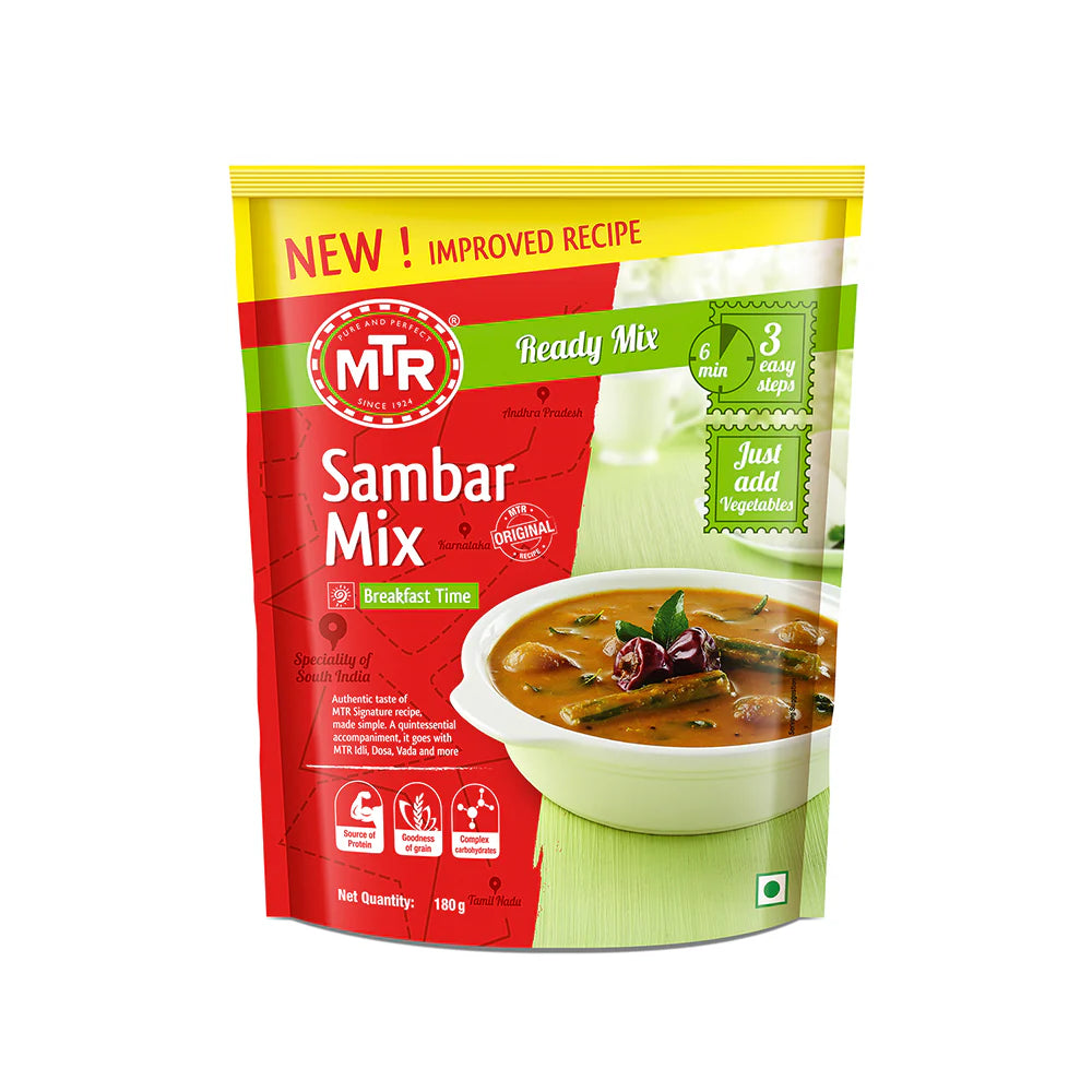 MTR Sambar Mix packaging with a bowl of sambar on a white background