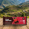 Max Protein Choco Berry bar packaging with a mountainous landscape in the background