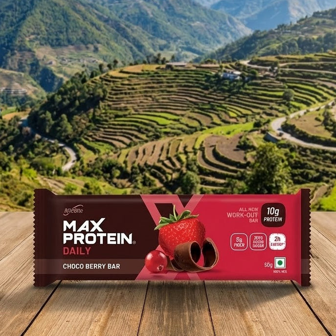 Max Protein Choco Berry bar packaging with a mountainous landscape in the background