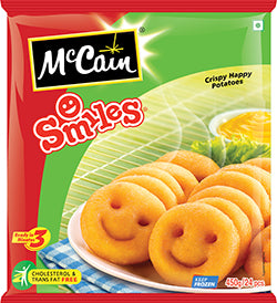 McCain Smiles potato product packaging with smiley faces on a green and red background.