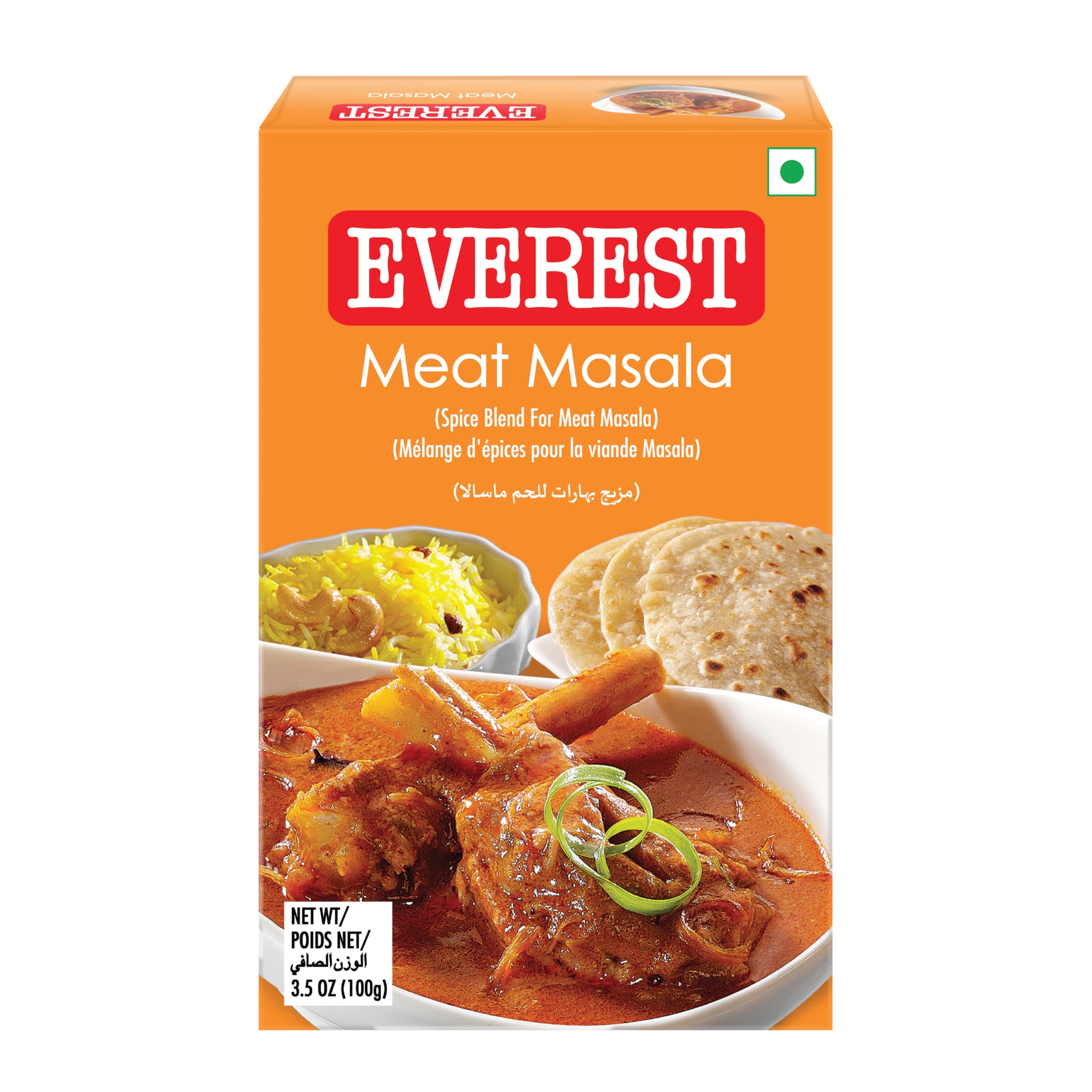 Box of Everest Meat Masala with images of curry and rice on an orange background