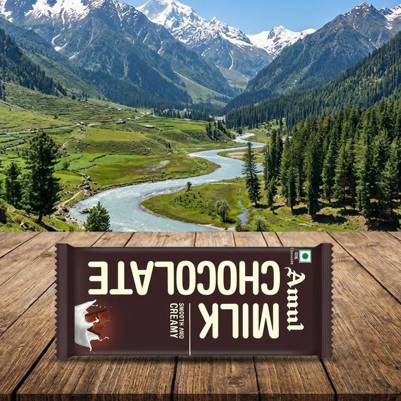A chocolate bar with a mountainous landscape in the background