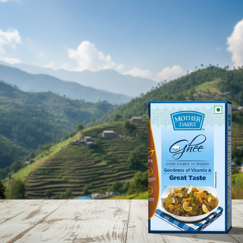 Mother Dairy Ghee packaging with a scenic background of mountains and greenery.