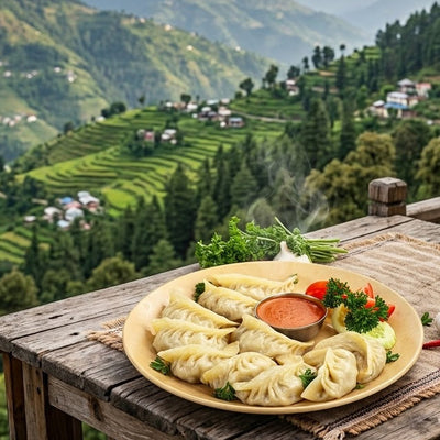 A plate of steaming dumplings with a small bowl of red sauce, garnished with parsley, garlic, and red chilies, set on a wooden table with a scenic mountain valley background.