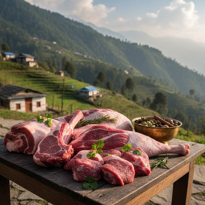 Raw meat on a wooden table with a mountainous landscape in the background