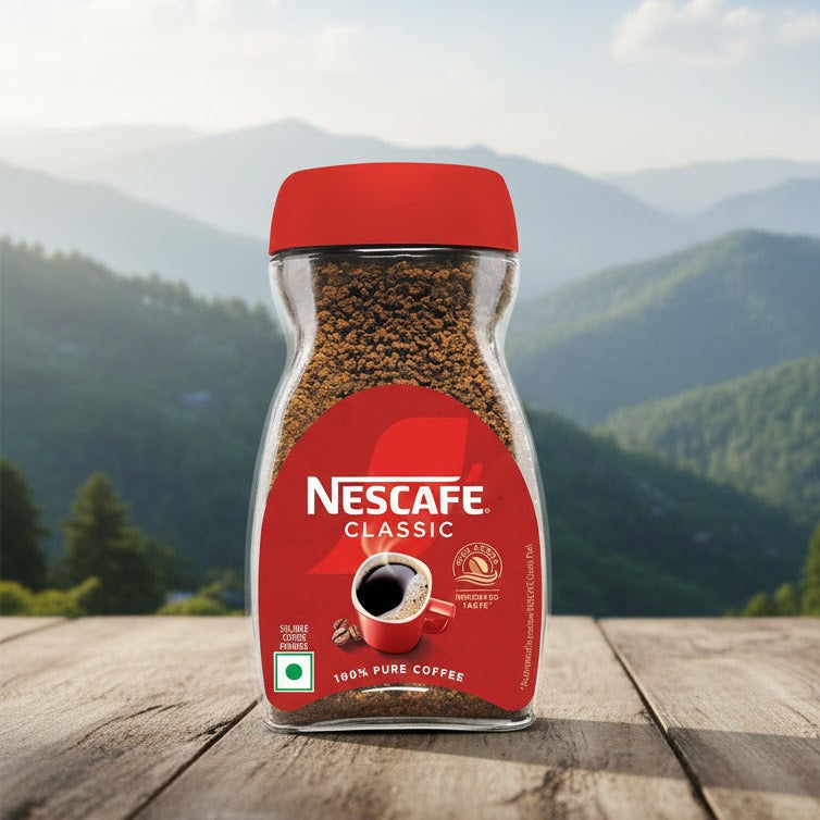 Nescafe Classic jar on a wooden surface with a mountainous landscape in the background