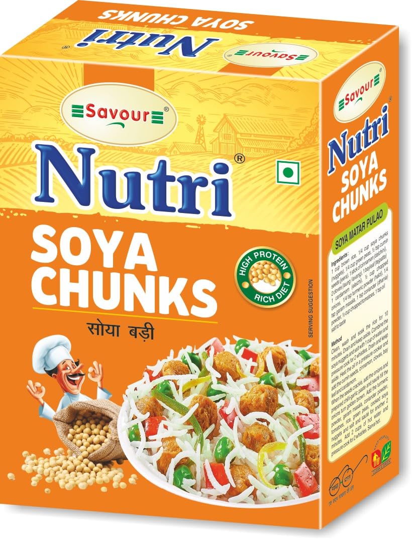 Box of Nutri Soya Chunks with branding and product image on an orange background