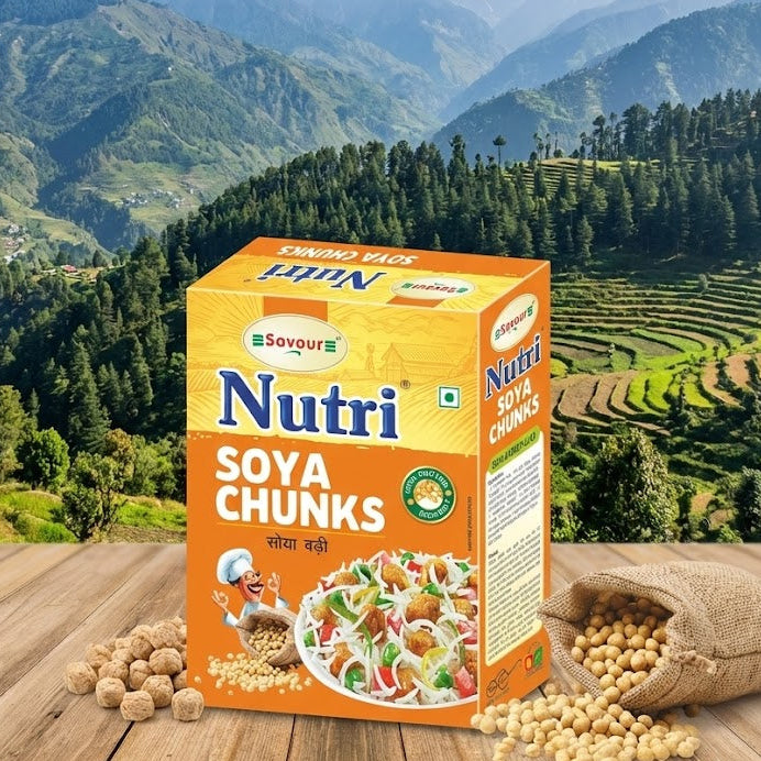 Nutri Nutya Soya Chunks packaging with a scenic mountain background
