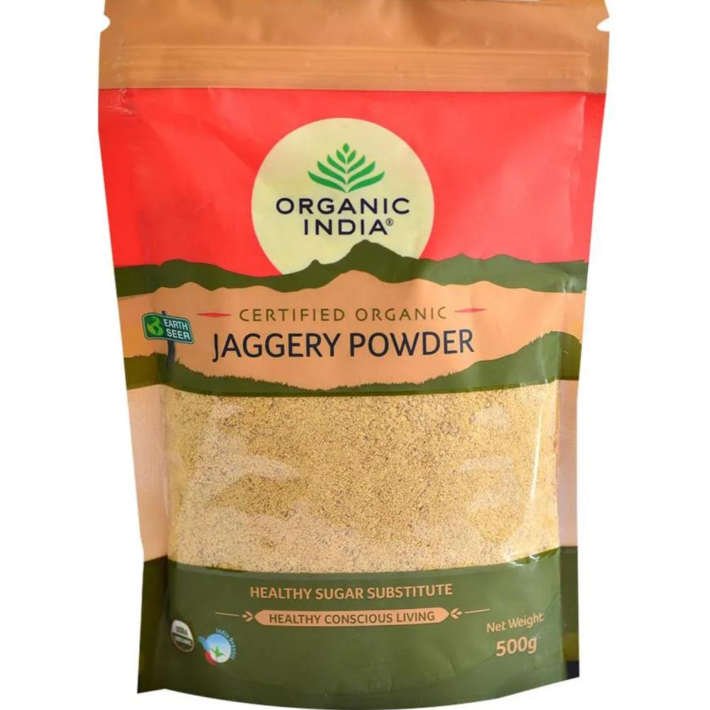 Packaging of Organic India Jaggery Powder on a white background