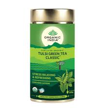 Tulsi green tea canister with organic tulsi logo on a green background