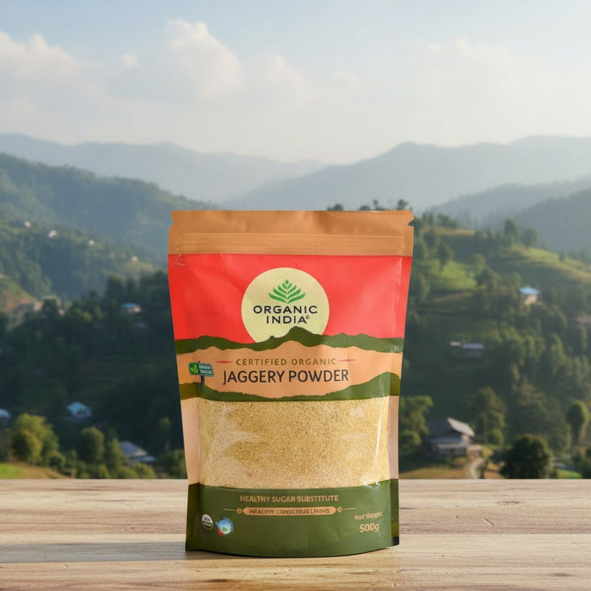 Bag of Organic India Jaggery Powder with a scenic background